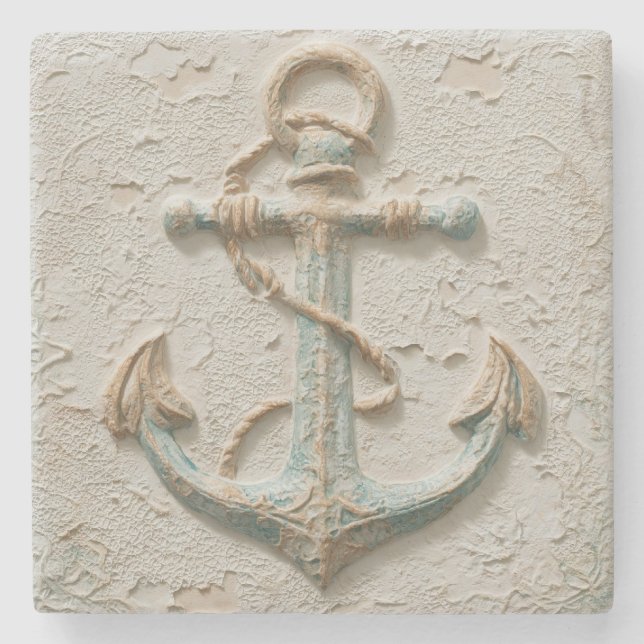 Posavasos De Piedra Sand and Aqua Coastal Anchor Art (Anverso)