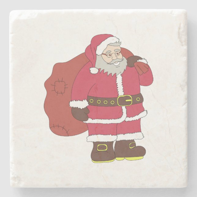 Posavasos De Piedra Santa Claus de rojo con bolsa de regalo y anteojos (Anverso)