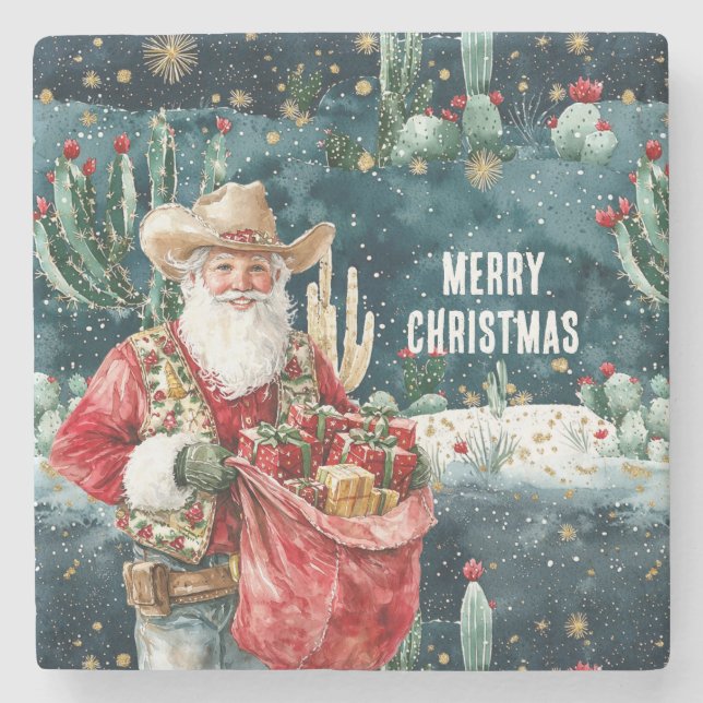 Posavasos De Piedra Santa Claus Western Cowboy Christmas (Anverso)