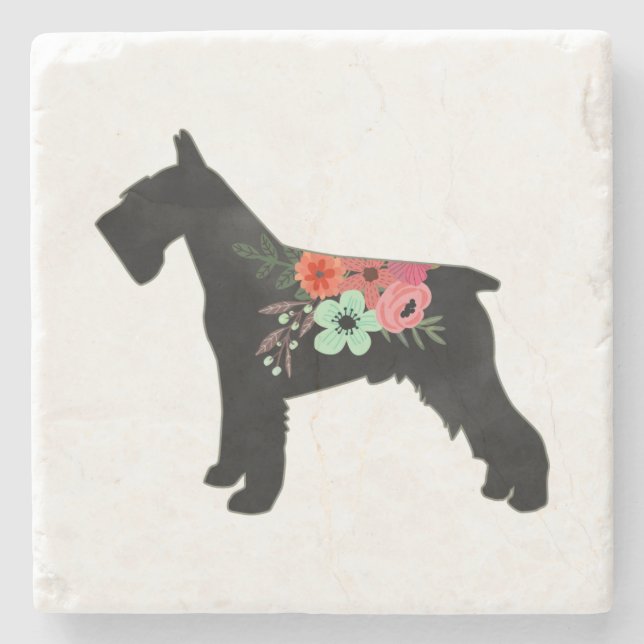 Posavasos De Piedra Schnauzer Dog Raza Silhouette Boho Floral (Anverso)