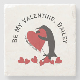 Posavasos De Piedra Sé Mi San Valentín - Pingüino y Corazón Rojo