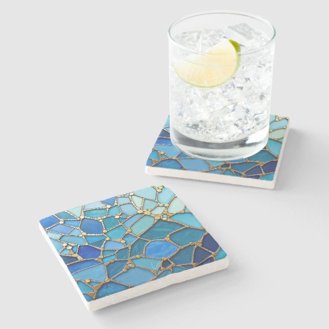 Posavasos De Piedra Sea of Waves Blue and Gold Mosaic Fine Art (Lateral)