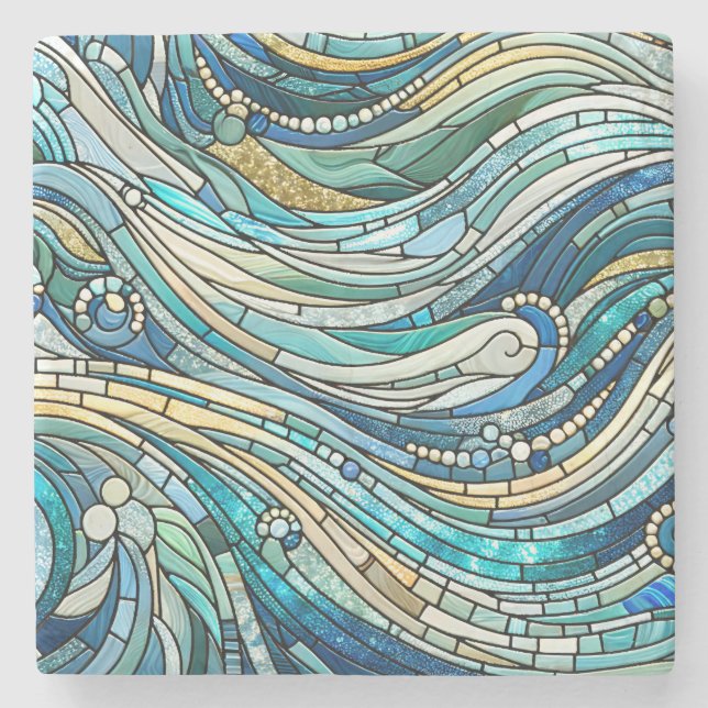 Posavasos De Piedra Sea of Waves Teal Mosaic Fine Art (Anverso)