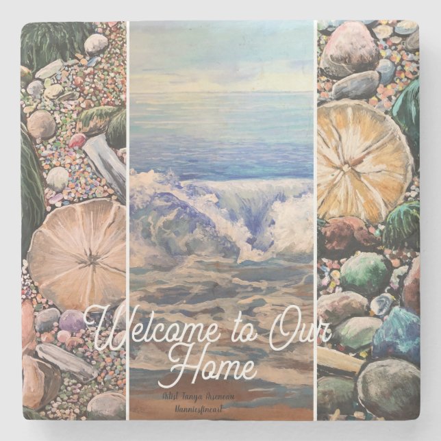 Posavasos De Piedra  Seascape Welcome  Blue Personalize Print  (Anverso)