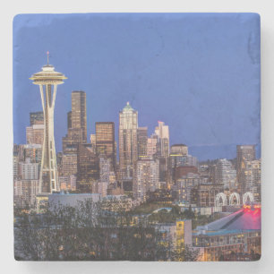Posavasos De Piedra Seattle, centro y Mt. Rainier al anochecer