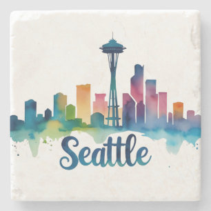 Posavasos De Piedra Seattle Ciudad acuarela Skyline
