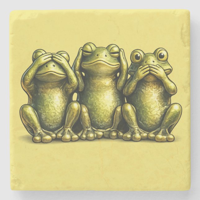 Posavasos De Piedra See Hear Speak No Evil Funny Frogs (Anverso)