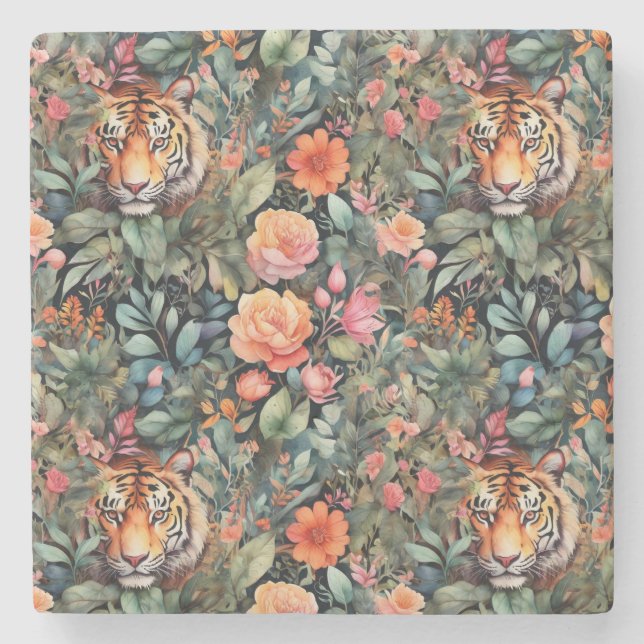Posavasos De Piedra Selva colorida con tigre oculto (Anverso)