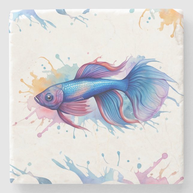 Posavasos De Piedra Semilla de montaña - Serie acuarela: Betta Fish (Anverso)
