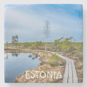 Posavasos De Piedra Sendero de madera sobre pantano en Estonia