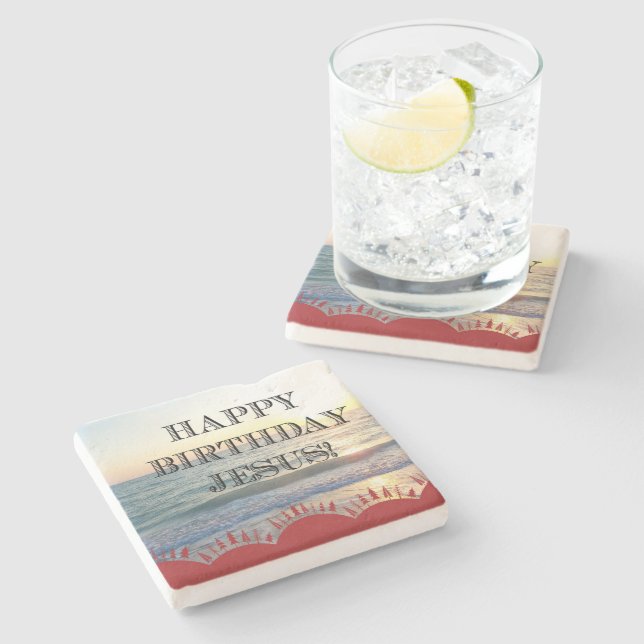 Posavasos De Piedra Serene Sunset Over Ocean Happy Birday Jesus (Lateral)