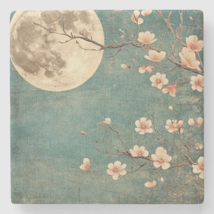 Posavasos De Piedra Serenidad con flores de cerezo iluminadas por luna