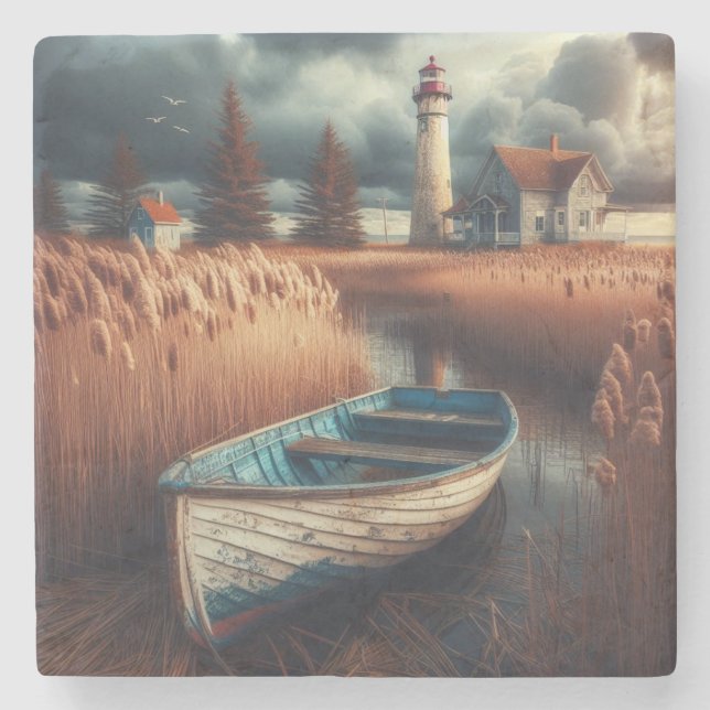Posavasos De Piedra Serenidad costera: Faro y bote de remos (Anverso)