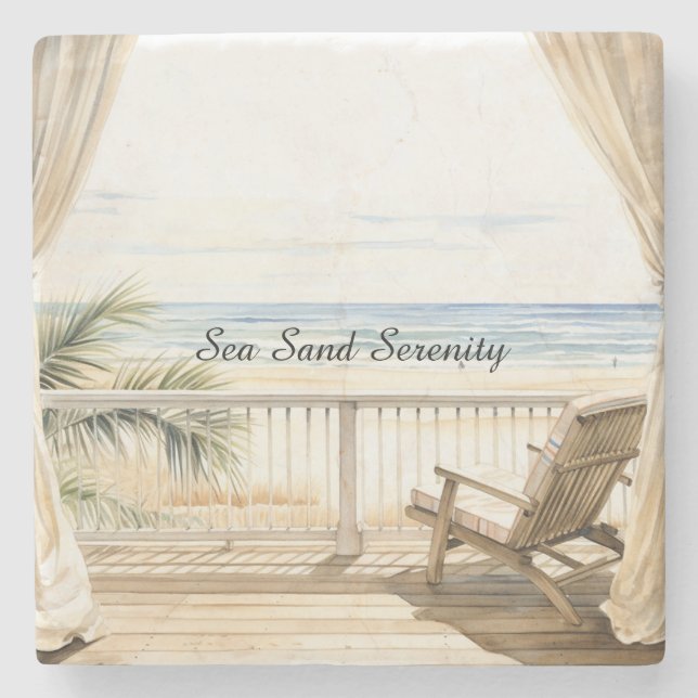 Posavasos De Piedra Serenidad de la playa con vista al océano (Anverso)