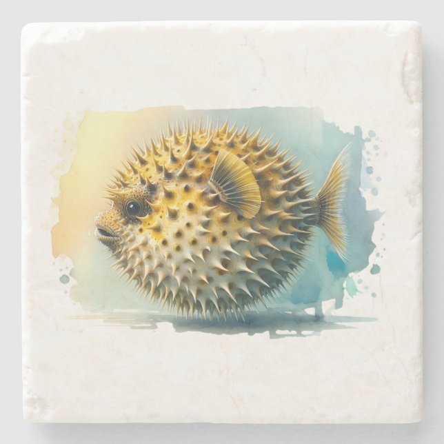 Posavasos De Piedra Serie acuarela: pez globo (Anverso)