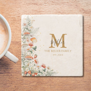 Posavasos De Piedra Setas Flores Florales botánicas Monograma Bosque