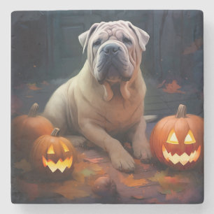 Posavasos De Piedra Shar Pei de Halloween con Calabazas Espeluznante