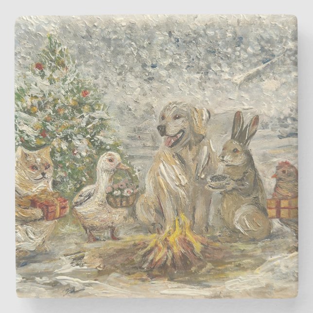 Posavasos De Piedra Shared Warmth Whimsical Farmhouse Animals Campfire (Anverso)