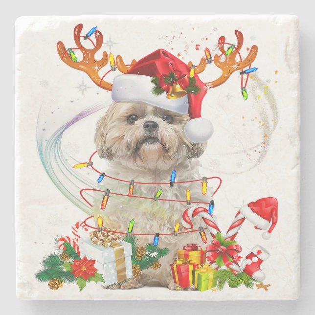 Posavasos De Piedra Shih Tzu Christmas Reindeer | Christmas Lights (Anverso)