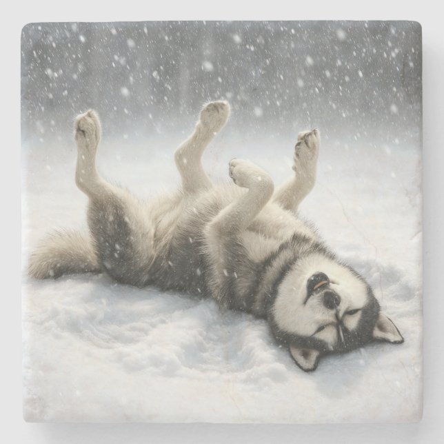 Posavasos De Piedra Siberian Huskey Creating a Snow Angel (Anverso)