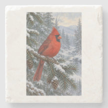 Siempreverde nevado con un cardenal rojo brillante