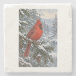 Posavasos De Piedra Siempreverde nevado con un cardenal rojo brillante