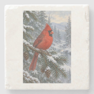 Posavasos De Piedra Siempreverde nevado con un cardenal rojo brillante
