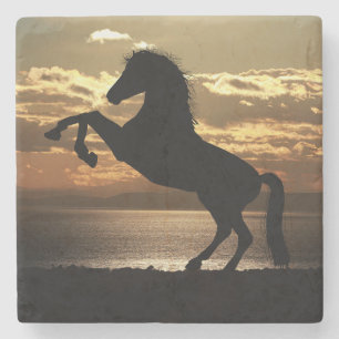 Posavasos De Piedra Silhouette de caballos contra el atardecer