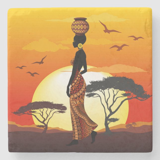 Posavasos De Piedra Silhouette de una bella mujer africana sobre los S (Anverso)