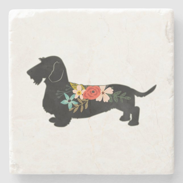 Posavasos De Piedra Silhouette floral de cabello alambrado Dachshund B (Anverso)