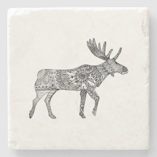 Posavasos De Piedra Silueta de alce ornamental en blanco y negro