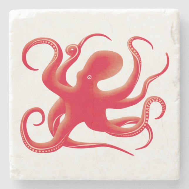 Posavasos De Piedra Silueta de arte octopus de vector rojo simple (Anverso)