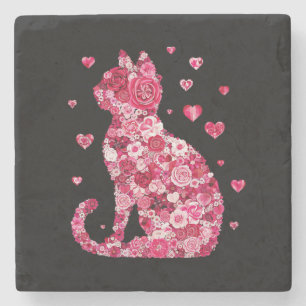 Posavasos De Piedra Silueta de gato floral ArtFaux tela envuelta