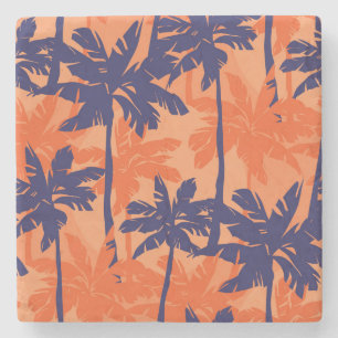Posavasos De Piedra Silueta de palmera azul, fondo naranja