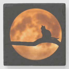 Posavasos De Piedra Silueta de un gato negro en un árbol