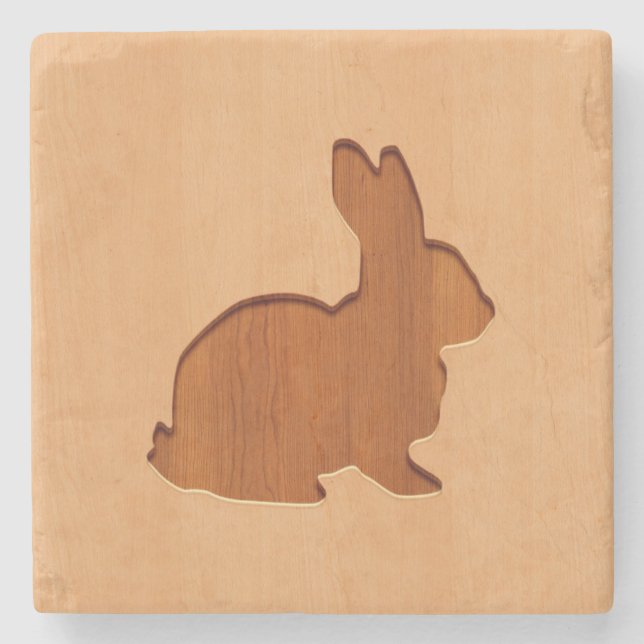 Posavasos De Piedra Silueta del conejo grabada en el diseño de madera (Anverso)