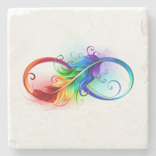 Posavasos De Piedra Símbolo infinito con plumas arcoiris