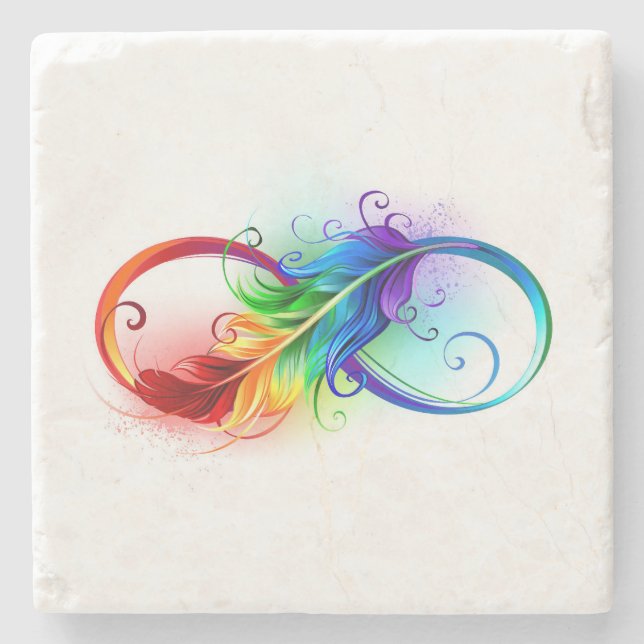 Posavasos De Piedra Símbolo infinito con plumas arcoiris (Anverso)