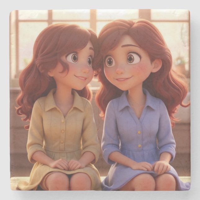 Posavasos De Piedra Sister Bond – Beautiful Sisters Illustration Art (Anverso)