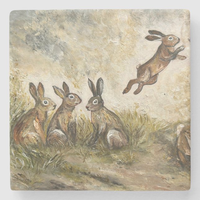 Posavasos De Piedra Skyward Fluff Meadow Hare Whimsical Rabbit Family  (Anverso)