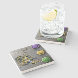 Posavasos De Piedra SlipperyJoe's Mardi Gras Mask púrpura oro verde bl