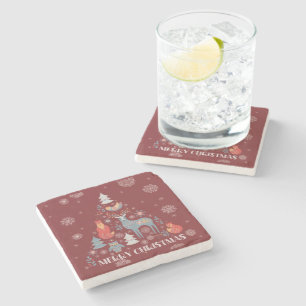 Posavasos De Piedra Snowflake Reindeer Tree Animal Red