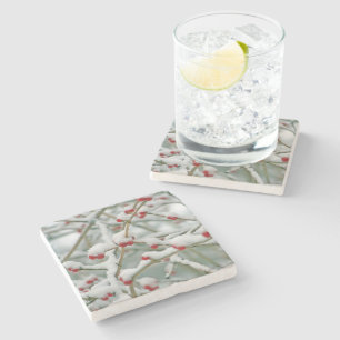Posavasos De Piedra Snowy Red Berries Winter Scene
