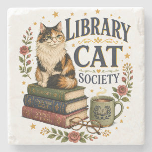 Posavasos De Piedra Sociedad de Gatos de Biblioteca Calico Erudito