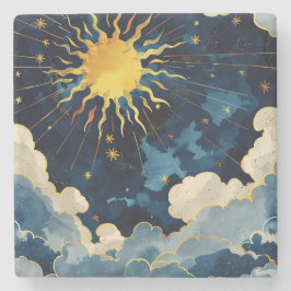 Posavasos De Piedra Sol Celeste Moderno Estrellas y Nubes Azules