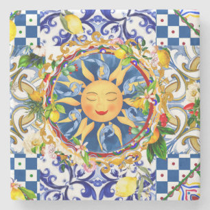 Posavasos De Piedra Sol siciliano, limón, azulejos mediterráneos,