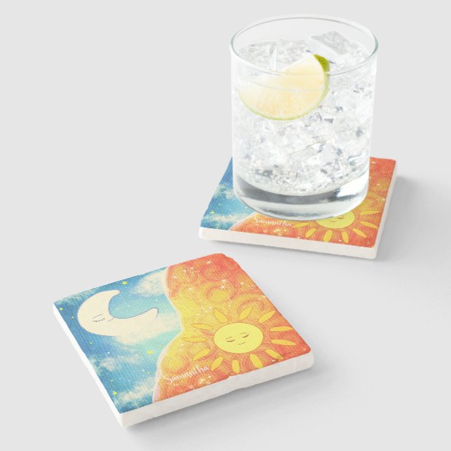 Posavasos De Piedra Sol Tranquilo Y Luna (Lateral)