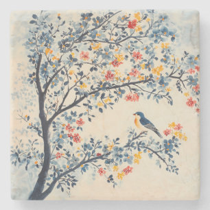 Posavasos De Piedra Songbird en una Chinoiserie arbolada