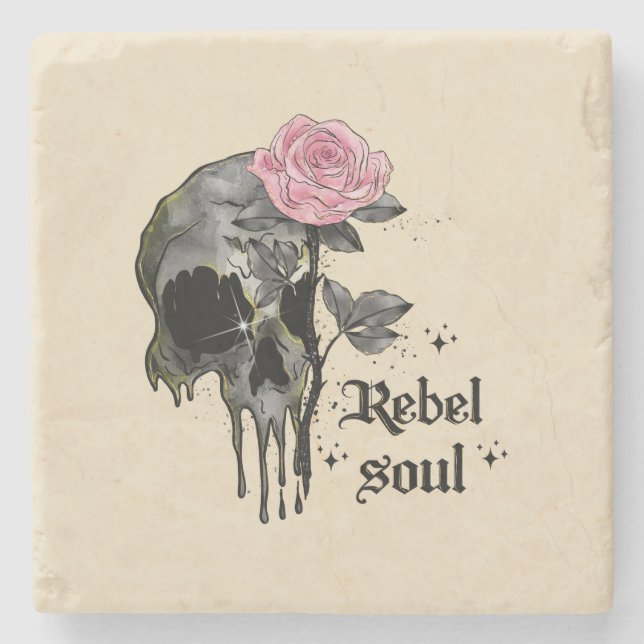 Posavasos De Piedra Soul Rebel - Calavera gótica con rosa rosado (Anverso)