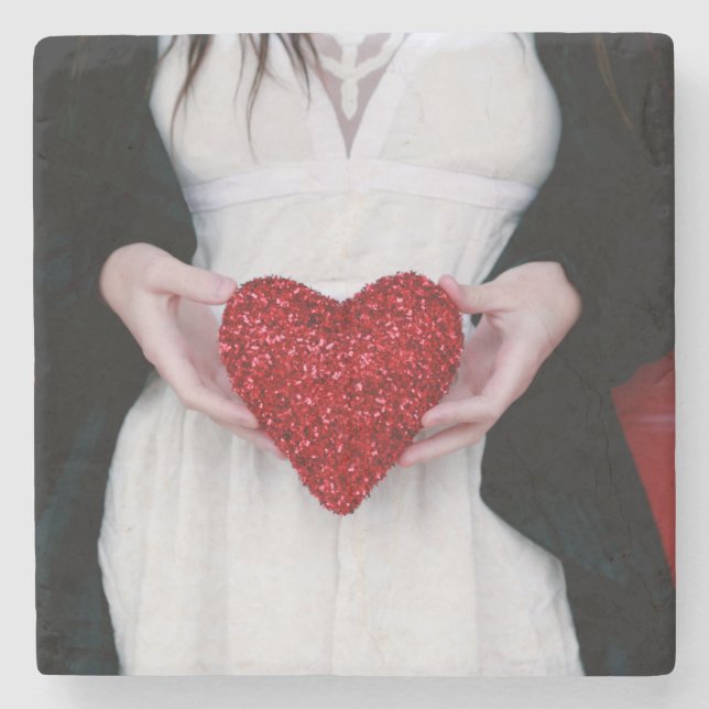 Posavasos De Piedra Sparkly Red Love Heart (El día de San Valentín) (Anverso)
